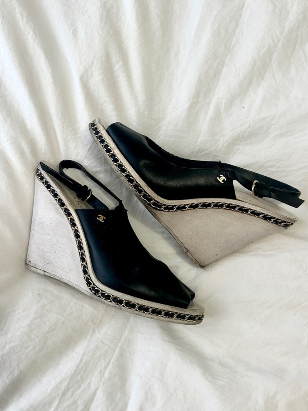 CHANEL Black Leather Slingback Wedge Sandals with Ivory Wedge